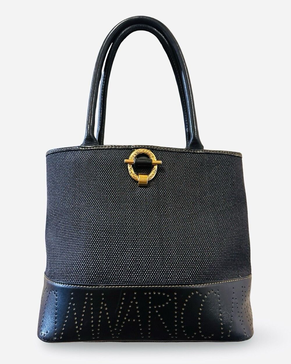Nina Ricci Heritage Black Canvas Leather Tote Handbag Gold Ring Clasp Paris